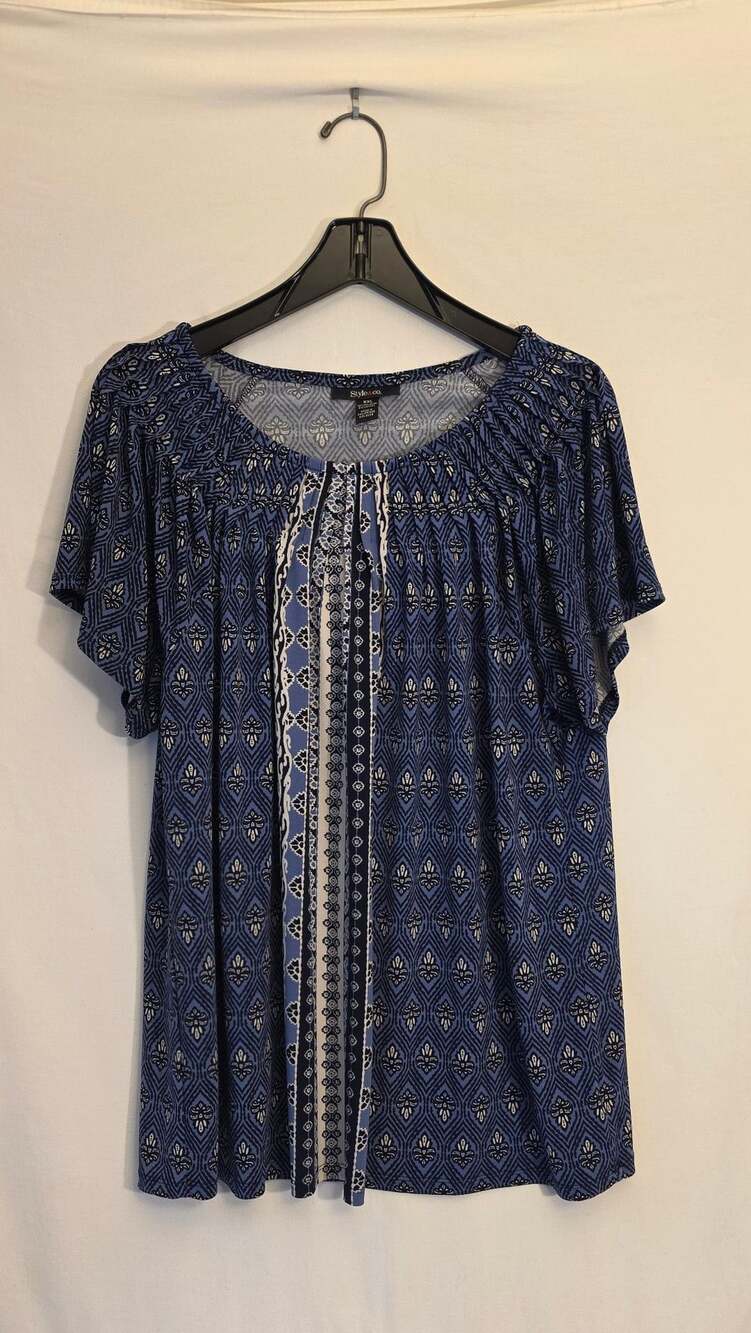 Style & Co Printed Pleated Scoop-Neck Top Size XXL Blue Floral